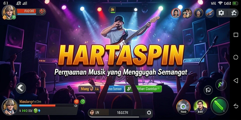 Tampilan gameplay HARTASPIN dengan beragam lagu musik.
