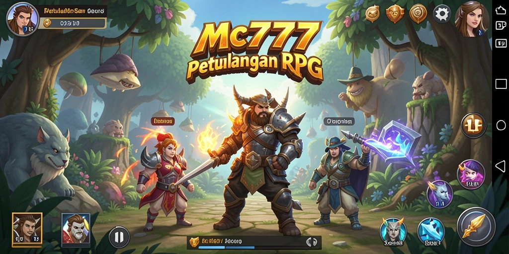Screenshot gameplay MC777 menunjukkan karakter bertempur dalam dunia fantasi yang menakjubkan.